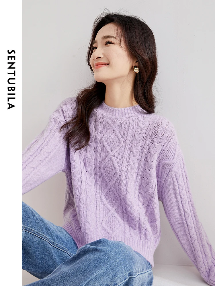 SENTUBILA Argyle Vintage Knitted Sweater 2024 Spring Purple Casual O-neck Long Sleeve Knit Top Straight Loose Jumper W34E52249