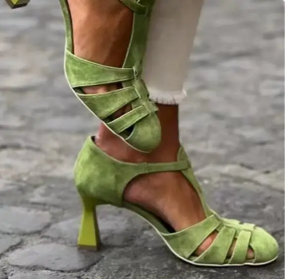 

Зеленые замшевые босоножки с круглым носком и Т-образным ремешком на высоком каблуке, элегантные женские летние сандалии в римском стиле с закрытой пяткой, прямая поставка