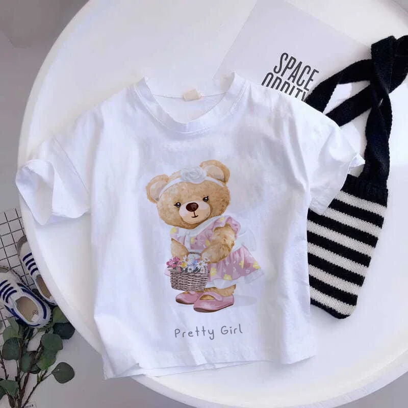 

Girls T-shirt Bear Teddy Bear cartoon Kids White black Summer Funny Clothes Little Baby Y2K Clothes,Drop Ship