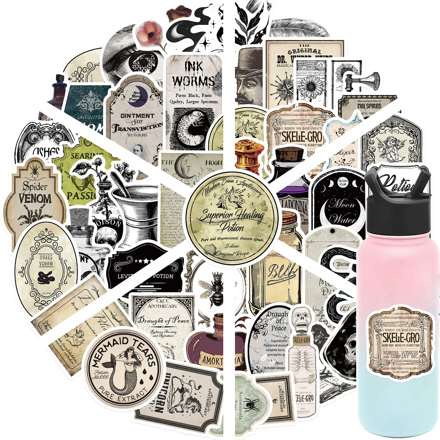 50pcs Halloween Bottle Labels Stickers Retro Horror Gothic Magic Potion Vintage Decals Suitcase Scrapbooking Laptop Toys