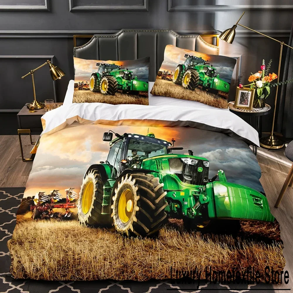 Boys Tractor Printed Bedding Set Men Construction Cars Pattern Comforter Cover for Boys Heavy Machinery Vehicles Duvet Cover