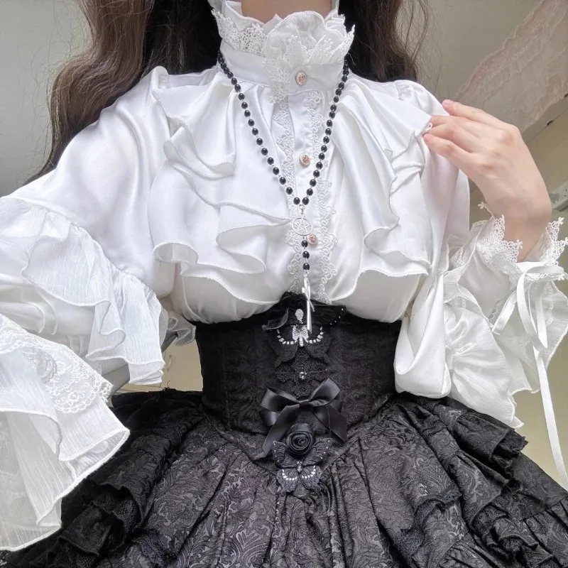 

Y2k Gothic Dark Academia Clothes 2025 Early Autumn New Black Lolita Shirt Women Slim Fit Stand Collar Single Breasted Tops