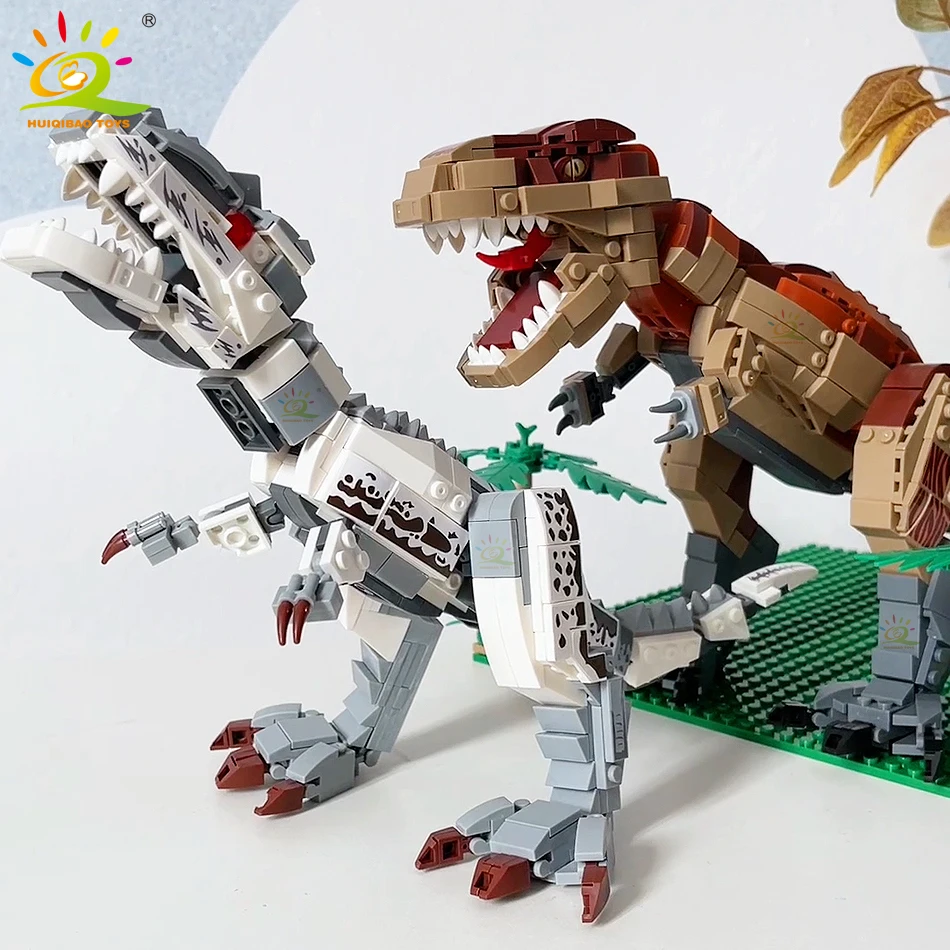 HUIQIBAO Jurassic Indominus Rex Dinosaur World Model Building Blocks City Triceratops Velociraptor Dino Park Bricks Children Toy