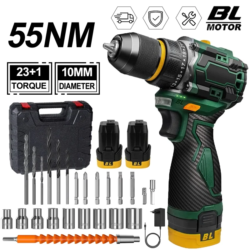 Taladro de impacto eléctrico sin escobillas/con escobillas de 55N.M y 10MM, 23+1 ajustes de torque, con mandril de metal, taladro
