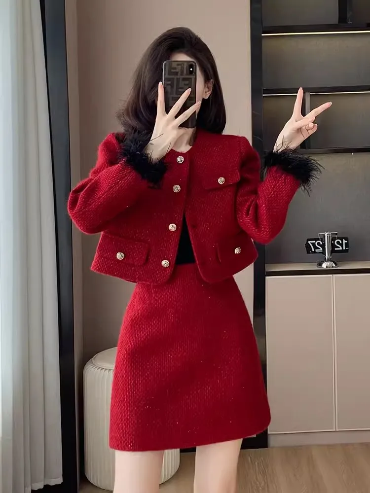 

New Autumn Winter Small Fragrance Minic Skirt Sets Women Sweet Chic Feather Wool Jackets Coat+A-line Skirts Suit Female Outfits