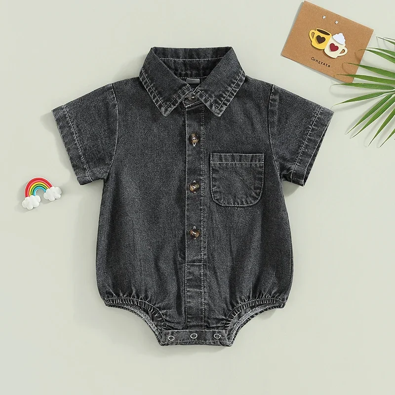Infant Boys Girls Denim Romper Solid Color Short Sleeve Turn-Down Collar Baby Jumpsuits Summer Buttons Casual Jeans Bodysuits