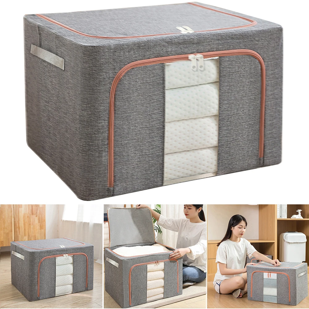 Stackable Storage Bag with Metal Frame Foldable Clothes Storage Box Linen Wardrobe Organizer Dustproof Storage Box for Home Room