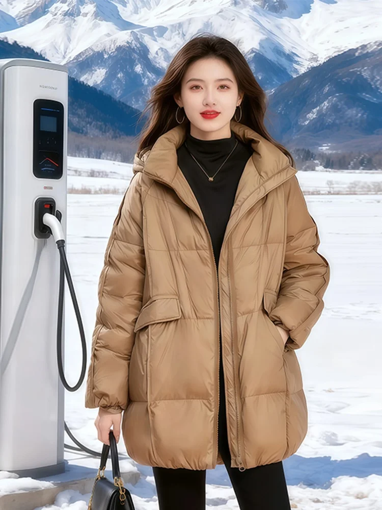 

Winter Thiened Large Size Cotton Jaet Women's Loose Mid-Length Coat Warm Sli Korean Sle Zipper Closure Hooded Pure ...