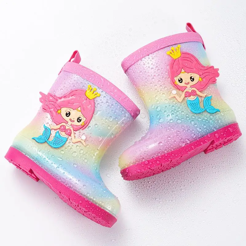 Disney Children\'s rain shoes Baby girls kindergarten non-slip princess water boots plus fleece children cute rainbow water shoes