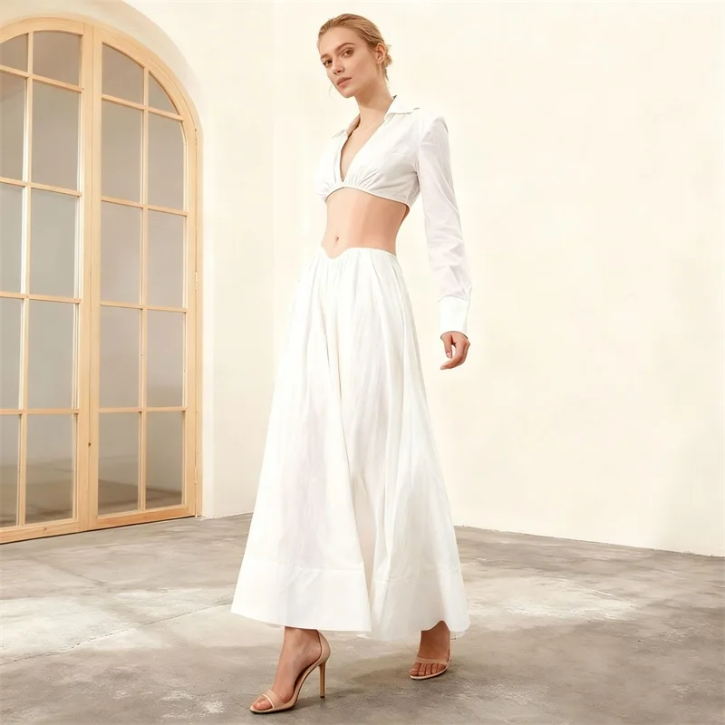 

Sexy White Prom Dress 2 Pcs Short Shirt+Midi A Line Party Gown Full Sleeves Formal Office Lady Bridal Wedding Birthday Robe