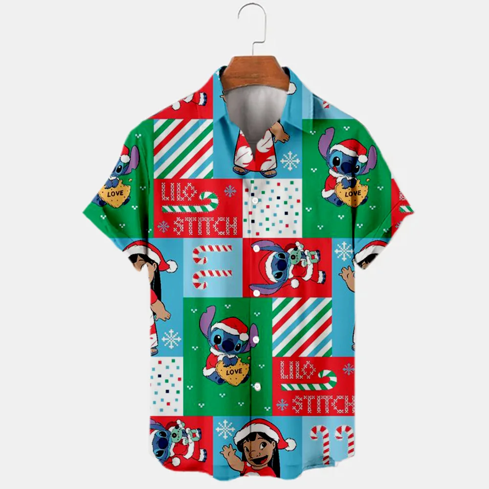 2024 New Christmas Collection Disney Brand Stitch And Mickey Anime 3D Printed Men's Lapel Short Sleeve Shirt Slim Top Y2K