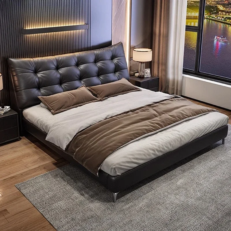 Retro black waffle bed, Italian minimalist leather bed, bedroom 1.8 meters double, first layer cowhide leather art