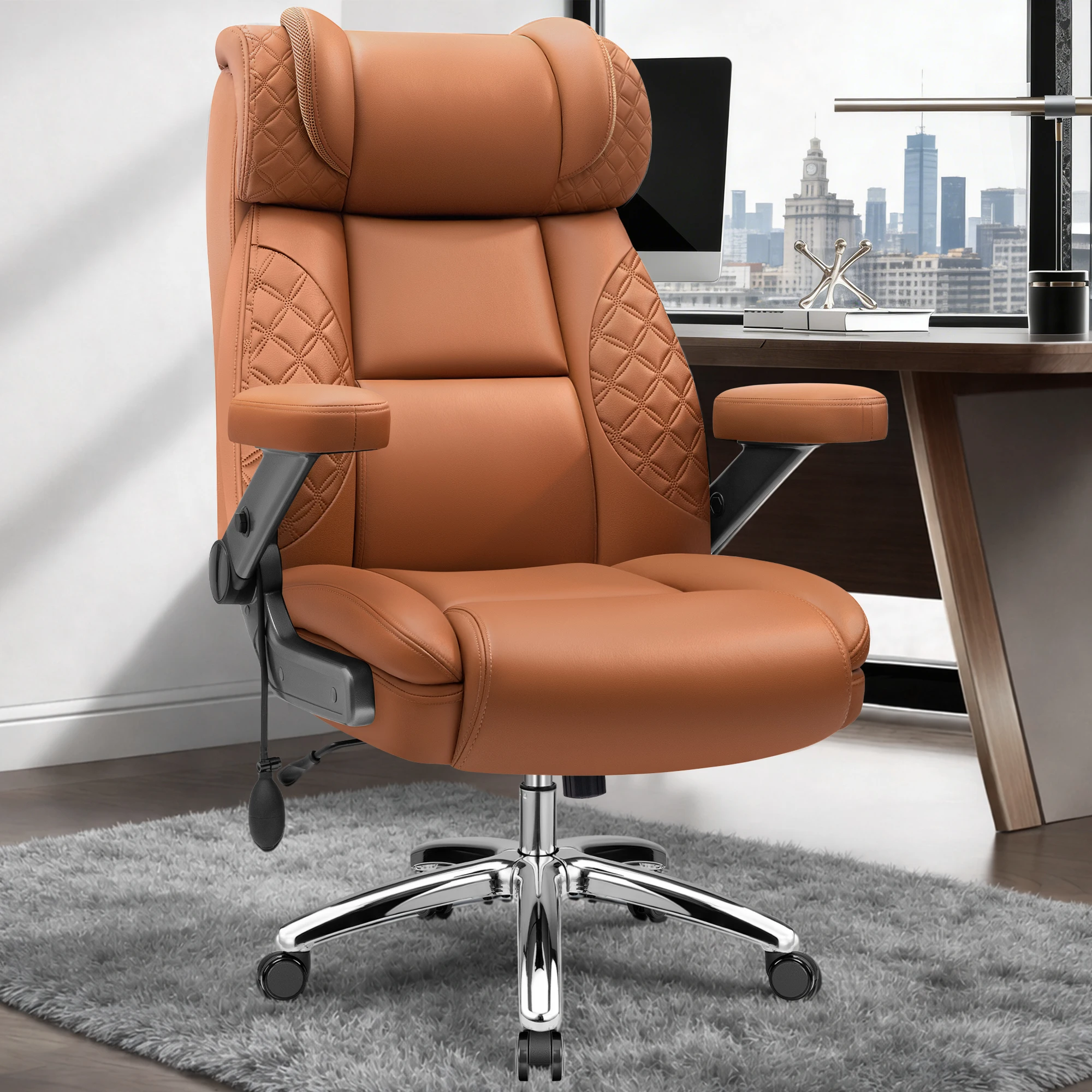 KERDOM PU Leather Big and Tall Office Chair, Executive Office Chair with Adjustable Flip-up Armrest and 360°Swivel Free, Computer Chair with Ergonomic Back Support, Strong Metal Base, Brown