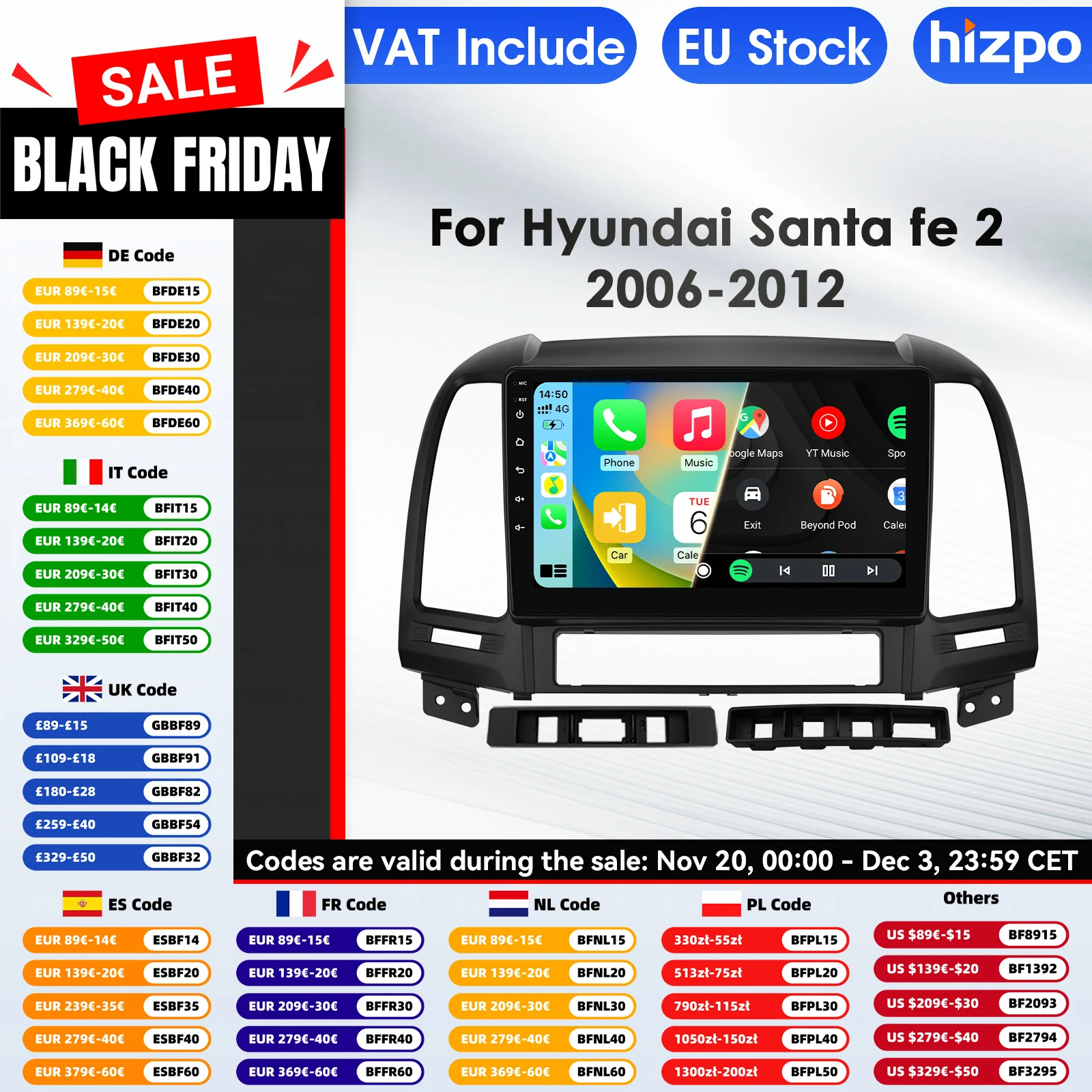 Autoradio Hizpo 2 Din para Hyundai Santa Fe 2 2006 - 2012 reproductor Multimedia de Audio Android Auto GPS Carplay RDS Autoradio AI RDS