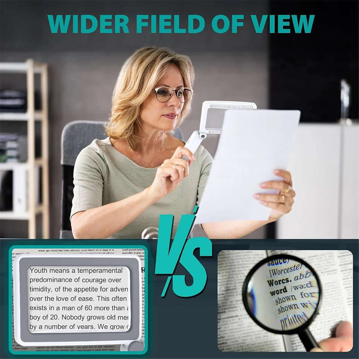 عدسة مكبرة قابلة لإعادة الشحن مع ضوء LED ، مكبر الصفحة ، 4X لمحبي الكتب ، أجهزة مساعدة على الرؤية محمولة باليد ، هدايا القراءة