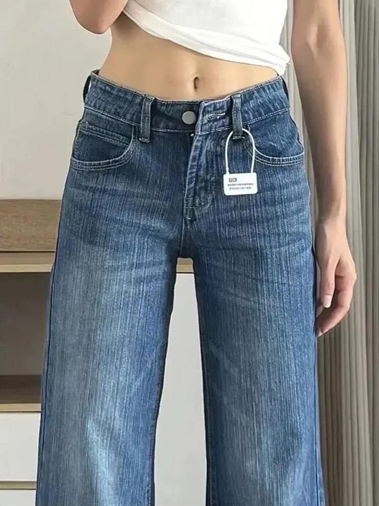 Women American Retro Low Waisted Flared Jeans Summer Thin Bamboo Pattern Non Stick Leg Loose Straight Wide Leg Pants