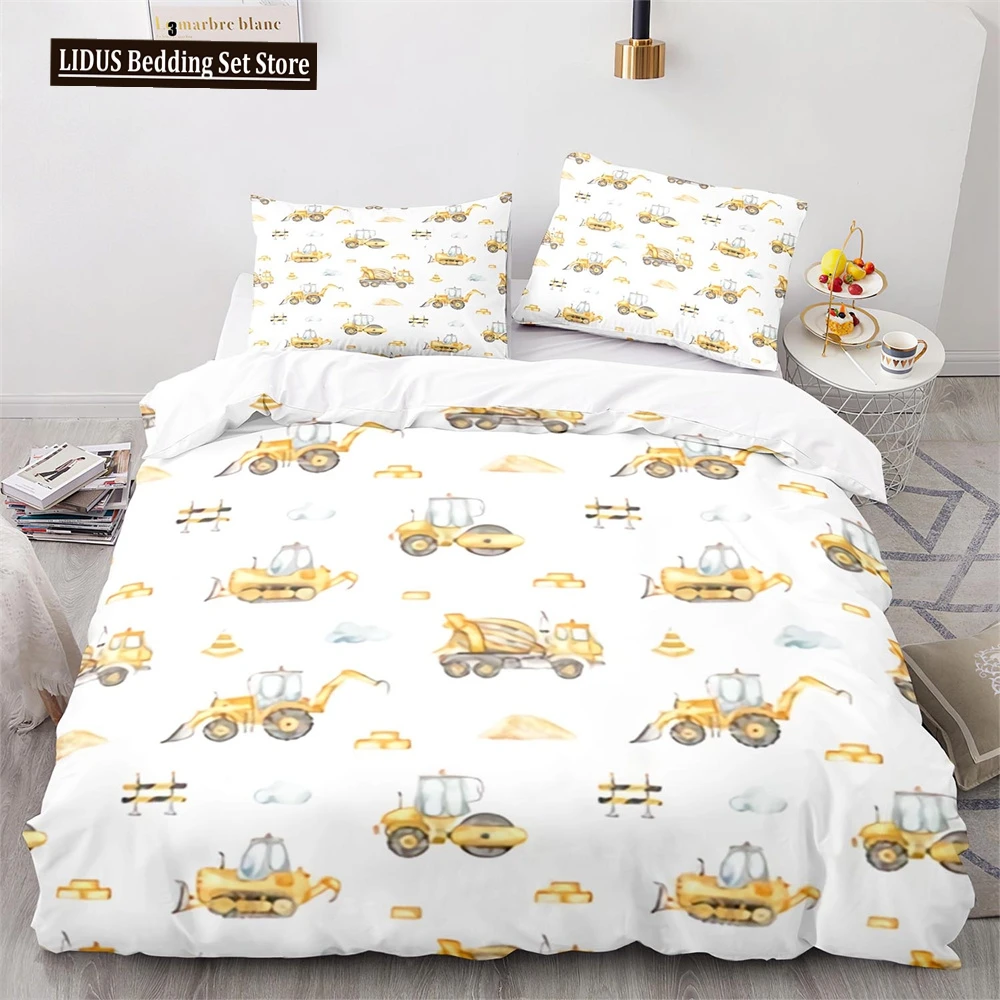 

Digger Duvet Cover Set Cartoon Heavy Machinery Truck Crane Mixer Excavator Tractor Pattern For Kid Teen Polyester Bedding Set