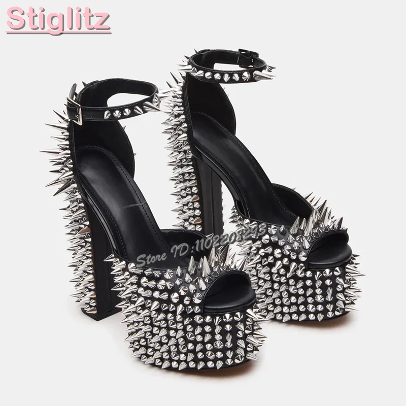 Sexy Spikes Square Heel Sandals Black Peep Toe Shallow Rivet Buckle Strap High Heels 2026 Summer New Women Fashion Party Shoes - view 6