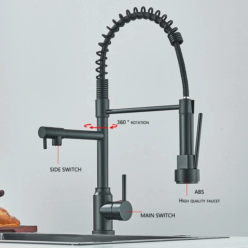 Torneira de pia de cozinha preta com bica dupla, Pull Down, água quente e fria, misturador, 2 modos, rotação 360, flexível, deck montado