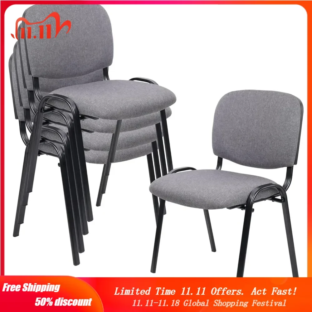 Set of 5 Pack Waiting Room Chairs Fabric Grey Stackable Chairs Metal Frame with Thickened Seat Back Cushion