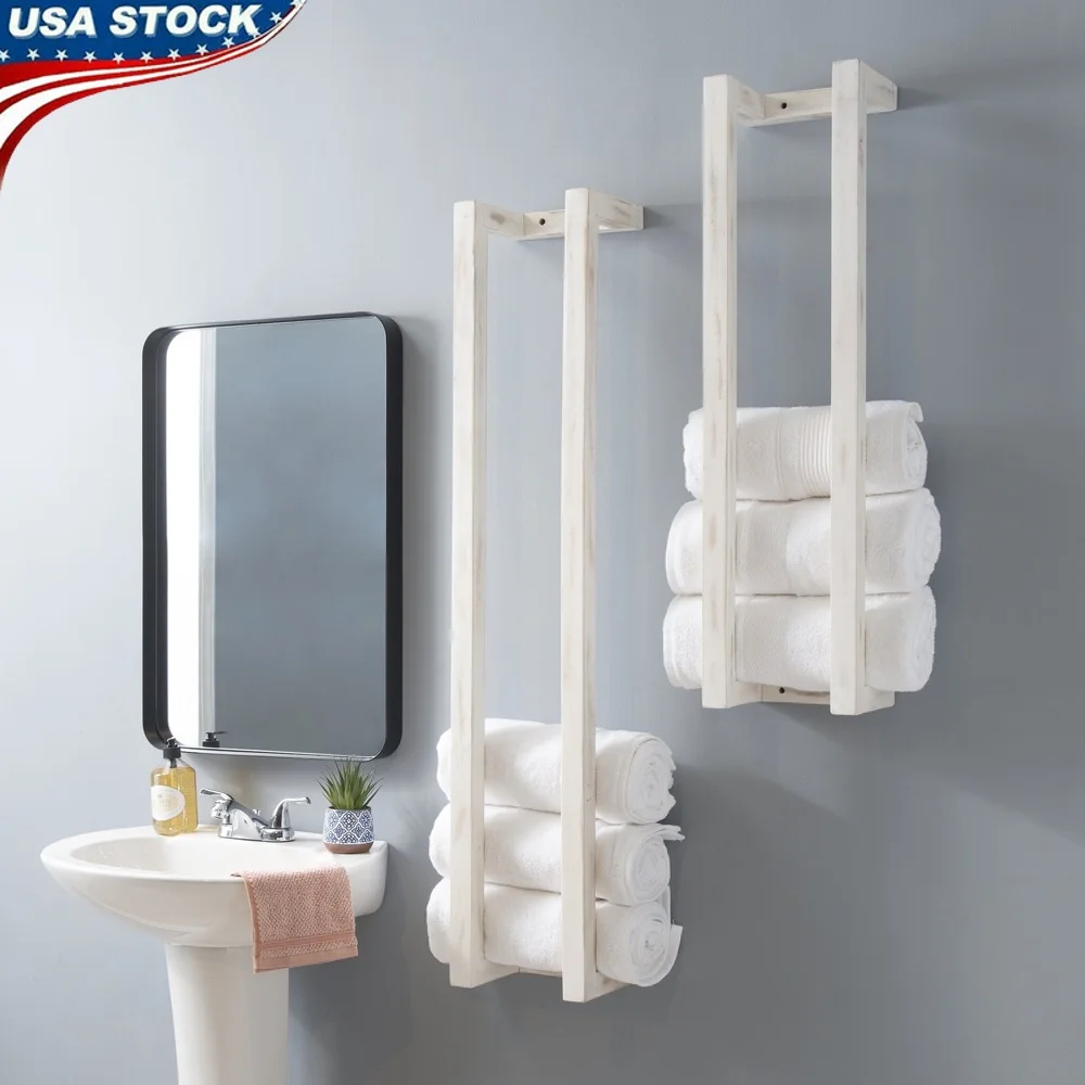 

Wall-Mounted Towel Rack Set of 2 Mango Wood Whitewash Bathroom Kitchen Organizer Rustic Design Moisture Resistant Easy Mount