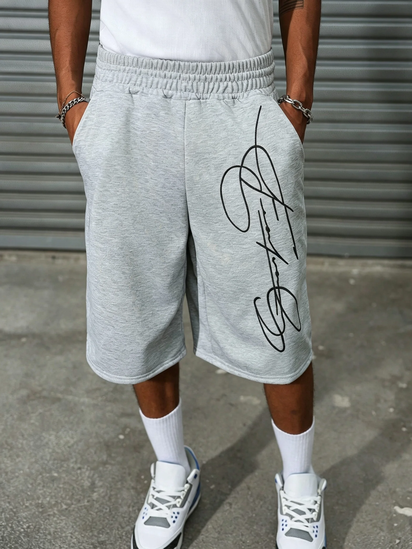 Men's Light Gray Summer Casual Street Style Cherry Blossom Print Trousers, Plaid Belt Street Style Long Trousers
