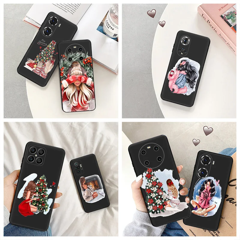 Silicone Black Phone Case for Honor x8b Magic5 x9 x7 b x6 x8 a 90 70 8x Christmas Beauty Girl Pixel 6a 7a 8a 7 6 8 Pro Cover