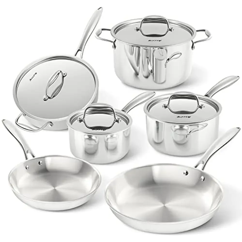 Stainless Steel Induction Cookware Set 10PC Kitchen Pots and Pans Whole-Clad Tri-Ply Construction Heat Distribution Suitable All