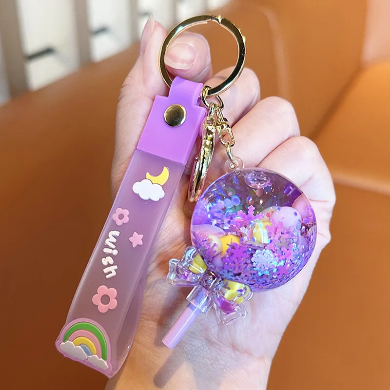 Summer Oil Liquid Lollipop Keychain para mulheres, pingente de areia movediça, chaveiro acrílico glitter, mochila chaveiro, floco de neve