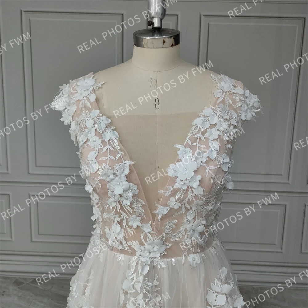 8100 # Personalizado 3d flores frisado rendas boné mangas a linha sem costas vestido de casamento vestido de noiva para mulher