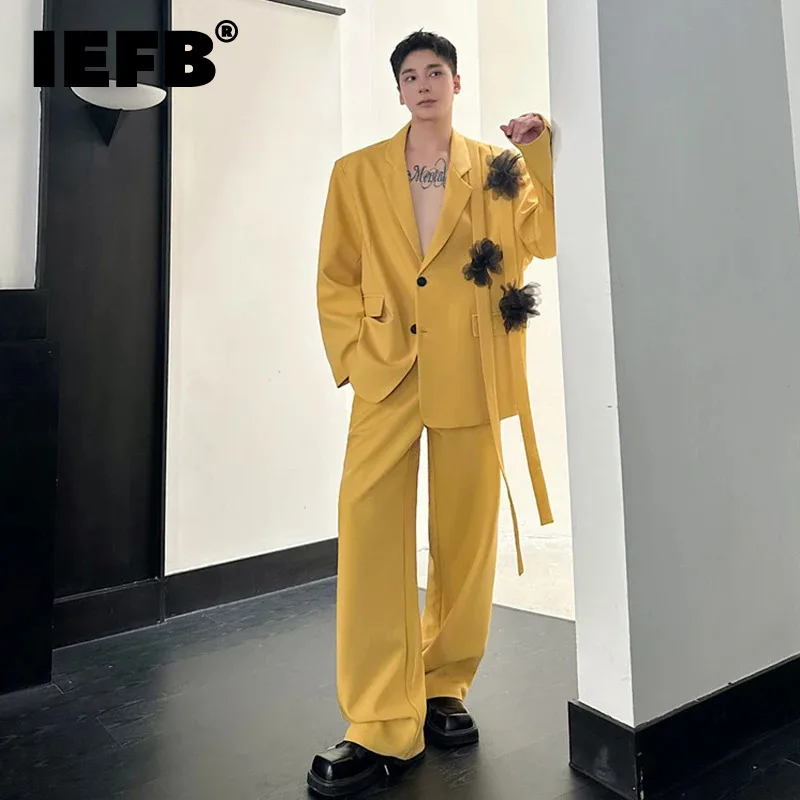 

IEFB Niche Design Men's Two-piece Ribbon Mesh Floral Single Breasted Blazer Contrast Color Straight Wide Leg Suit Pant 9C8190