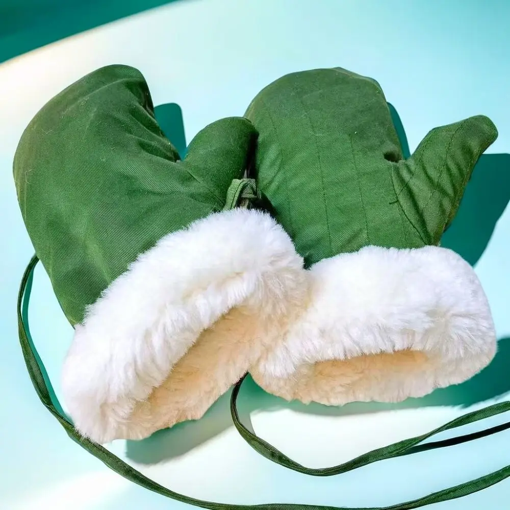 Winter Cold Proof Cotton Mittens For Men Outdoor Cycling Heavy Duty Gloves Windproof Warm With Hanging String Green