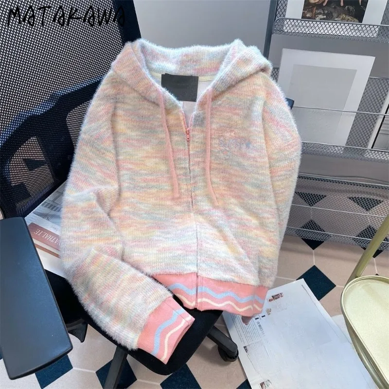 

Matakawa Sweet Rainbow Stripes Cardigans Woman Autumn Winter Zipper Hooded Y2k Sweaters Japanese Style Warm Sueter Mujer