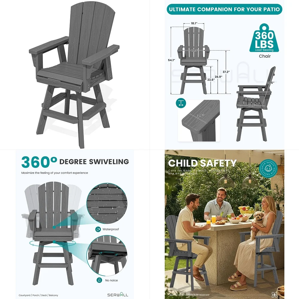

HDPE Swivel Adirondack Bar Chair, Swivel Balcony Adirondack Chair, Outdoor Bar Height Barstools for Bistro, Poolside, Garden, G