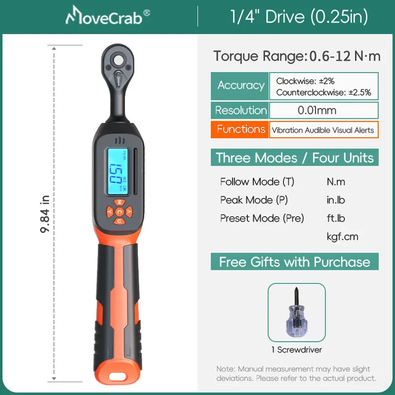 MOVECRAB Serie Digitale Momentsleutel 1,5-340N.m 2% Nauwkeurigheid Voorgeprogrammeerde Waarden met Zoemer, LED-flits & Trillingsmelding op de handgreep