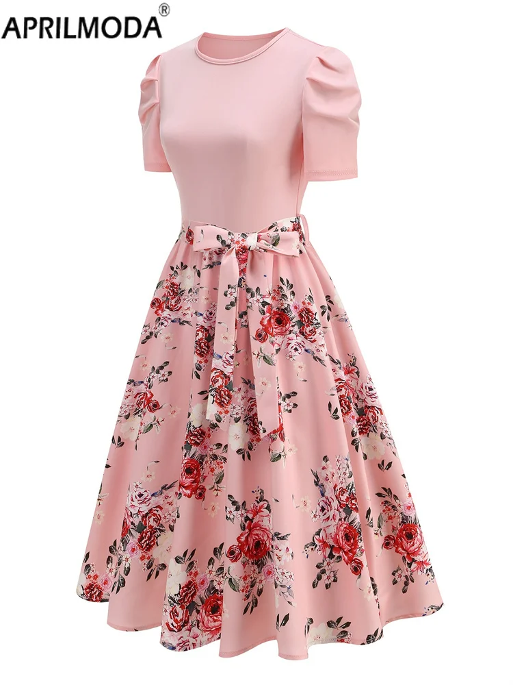 Elegante rosa floral impressão retalhos verão retro vintage vestido de manga curta doce uma linha pista pinup férias alargamento vestidos 2025