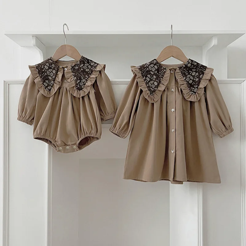 

2025 Autumn Infant Girls Sister Retro Big Collar Long Sleeve Bodysuit & Dress Toddler Outfit Matching Sister Clothes for Baby