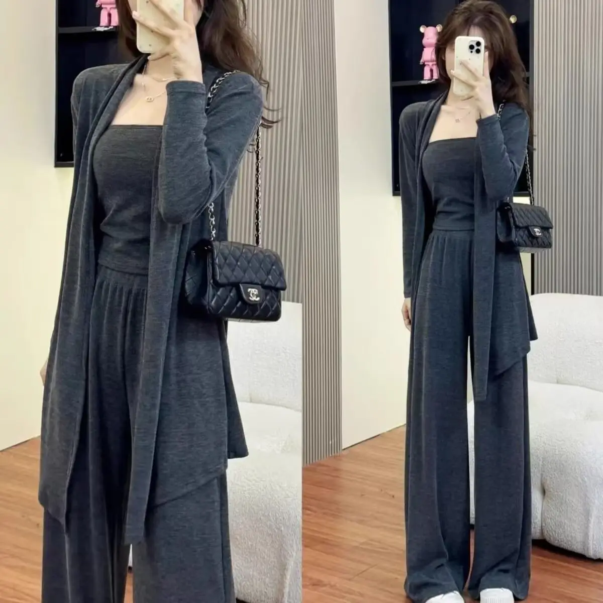 

Модный женский комплект-тройка для ранней осени: кардиган, топ-бюстье и брюки с широкими штанинами, омолаживающий образ