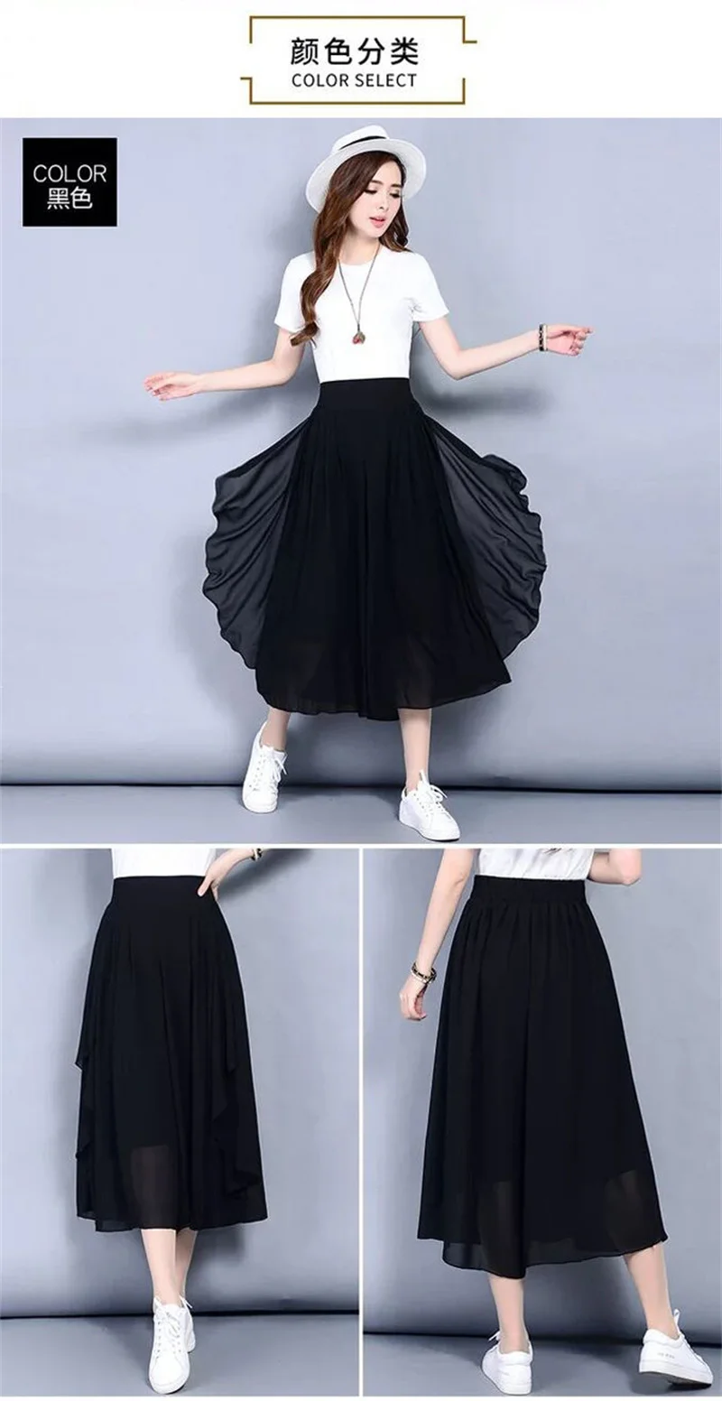 Women Chiffon Wide Leg Pants Spring Summer Thin Elastic Waist Loose All-match Lady Calf-Length Pants Fashion Skirts Pants 4XL