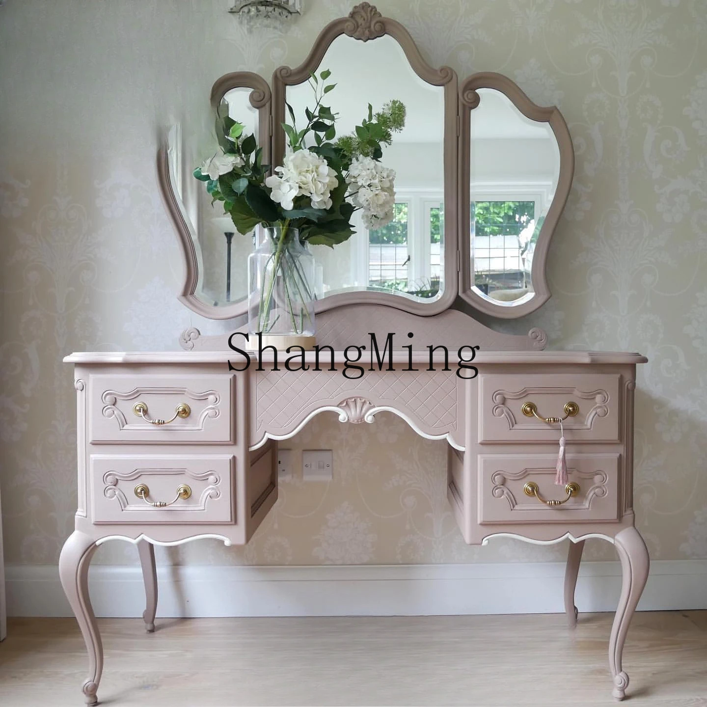 

CL retro pink solid wood carving flower dressing table modern bedroom home ladies makeup table furniture