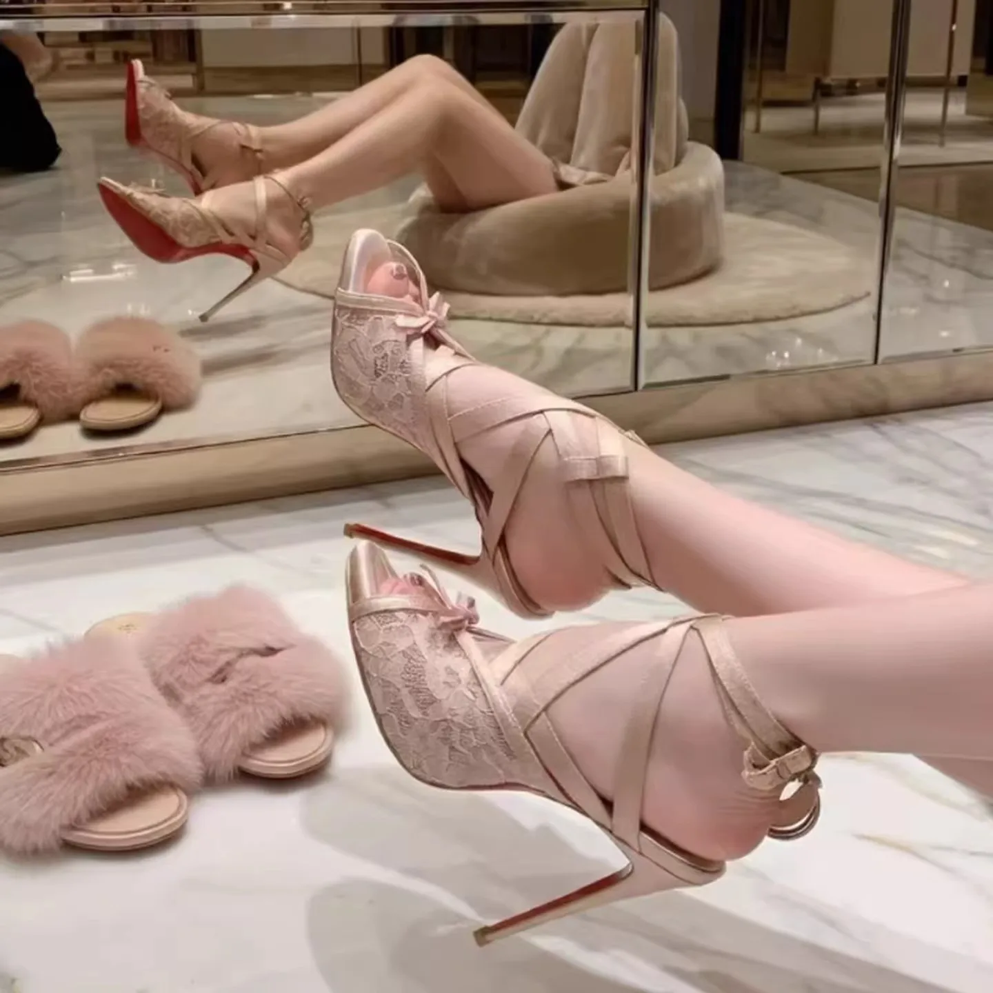 Women's Sandals Sexy Lace Open Toed Sandals Designer Champagne Colored High Heels for Women Fashion Shoe High Heel Pumps Tacones