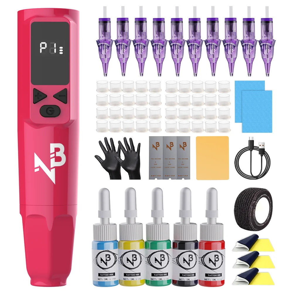 Pink Wireless Tattoo Pen Kit LED Display 5 Colors Ink Cartridge Needles Complete Tattoo Supplies for Beginners