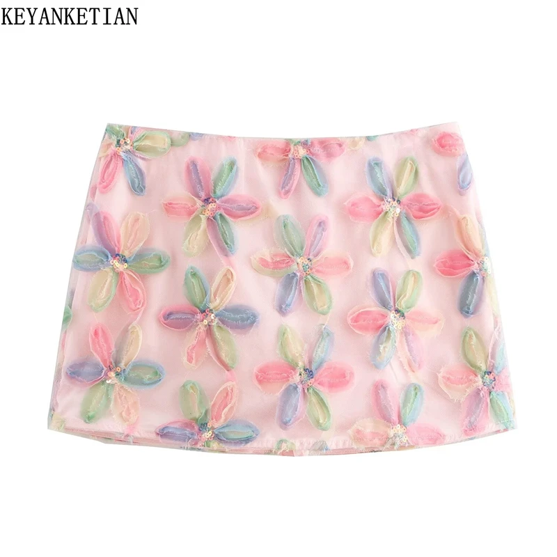 KEANKETIAN 2025 Novo vento de férias cor fresca flor impressão mini saia lantejoulas decoração volta zíper feminino doce pantkirt