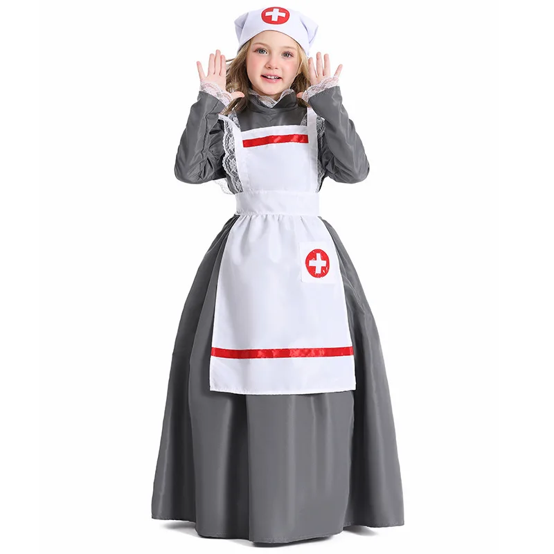 Florence Nightingale Costume Historic Victorian War Nurse Maid Dress Girl Long Dress with Apron Halloween Cosplay Costume view 5