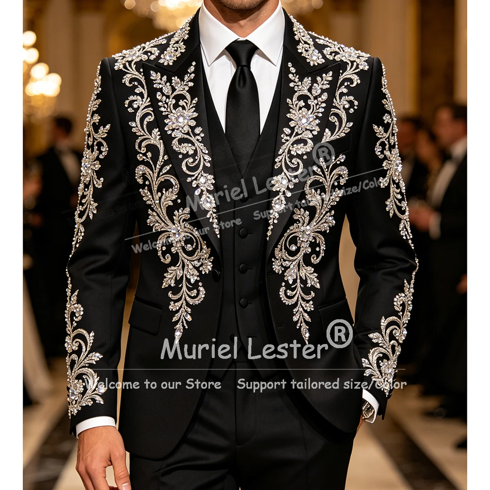 

Luxury Rhinestone Beading Men Suit 3 Piece Sets Groom Tuxedos Customized Male Prom Blazers Birthday Slim Fit Wedding Ropa hombre
