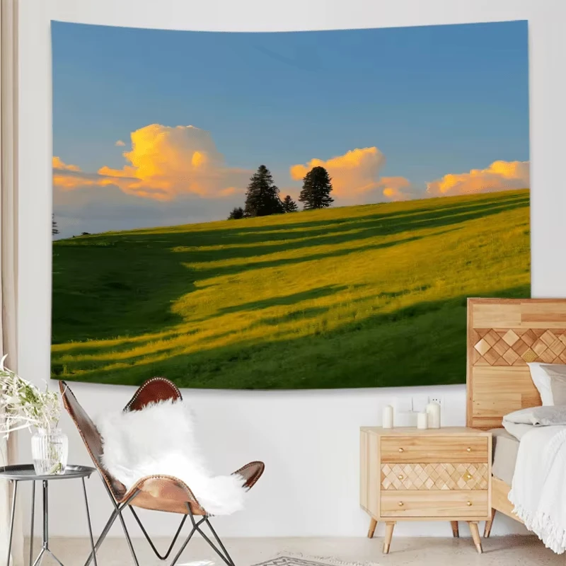 Healing Nature Tapestry, Soft Gradient Clouds and Grass for Calming Bedroom Sanctuary Wall Art