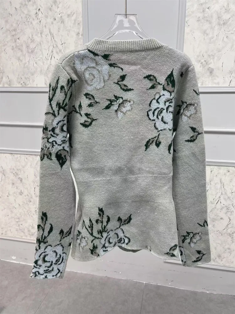 Wool Blends Women Gray Sweater Double Pockets Long Sleeve Floral Jacquard 2024 Fall Winter Female Single Breasted Knit Cardigan