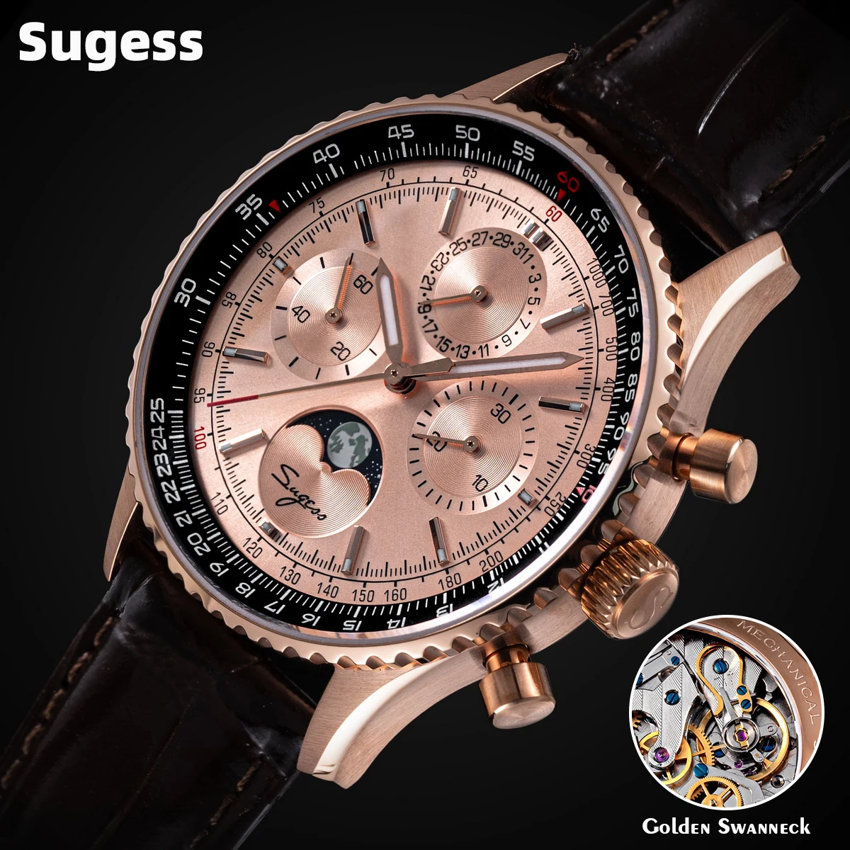 

Мужские часы Sugess Moonphase Pilot Chronograph Механические наручные часы Tianjin ST1908 Механизм Swanneck Сапфировое стекло Светящееся