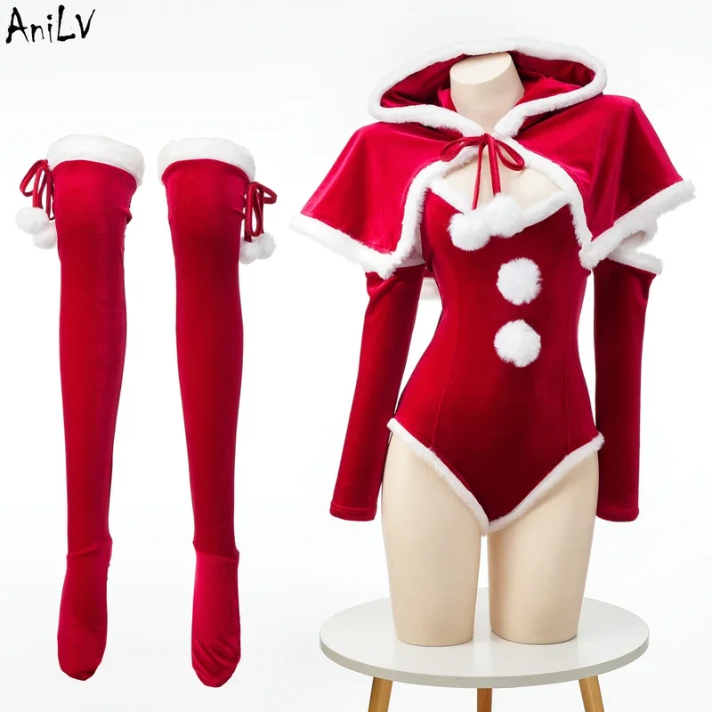 AniLV Anime Group Christmas Uniform Set Bodysuit Red Hooded Short Cap Stocking Outfits Cosplay Costumes