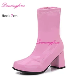 Sexy Gogo Boots 60s 70s Square Heel Ankle Classic Round Toe Boots Shiny Golden Zip Boots Unisex Party Dress Dance Shoes Woman